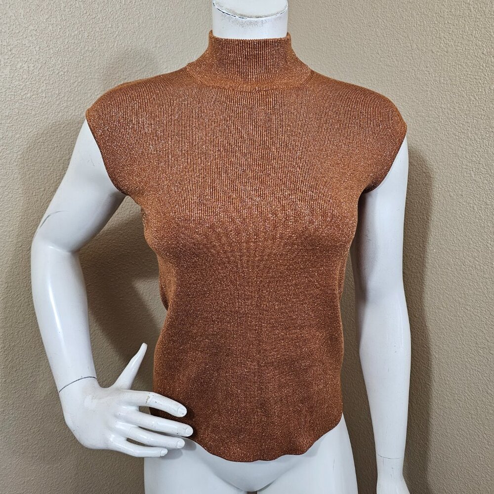 COLDWATER CREEK Silk Blend Brown Rust Metallic Mock Neck Sleeveless Top~XS